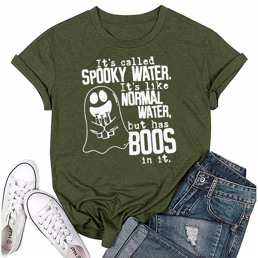 Women's Halloween Ghost Print Short Sleeve Loose Round Neck Pullover Top