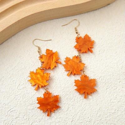 Thanksgiving Water Pattern Acrylic Maple Leaf Shape Earrings Long Face Thin Earrings