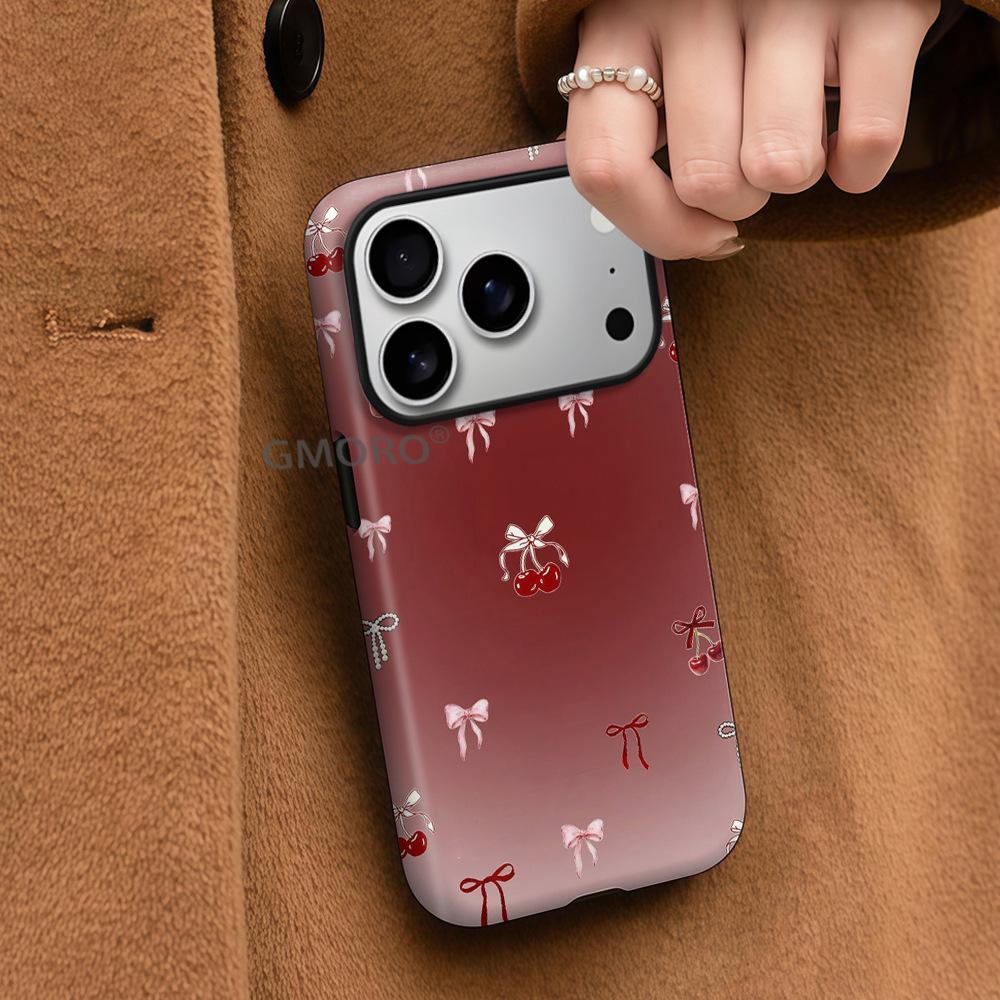 Burgundy gradual change cherry bow mobile phone case Apple 13 two-in-one film case iPhone17 magnetic protective case