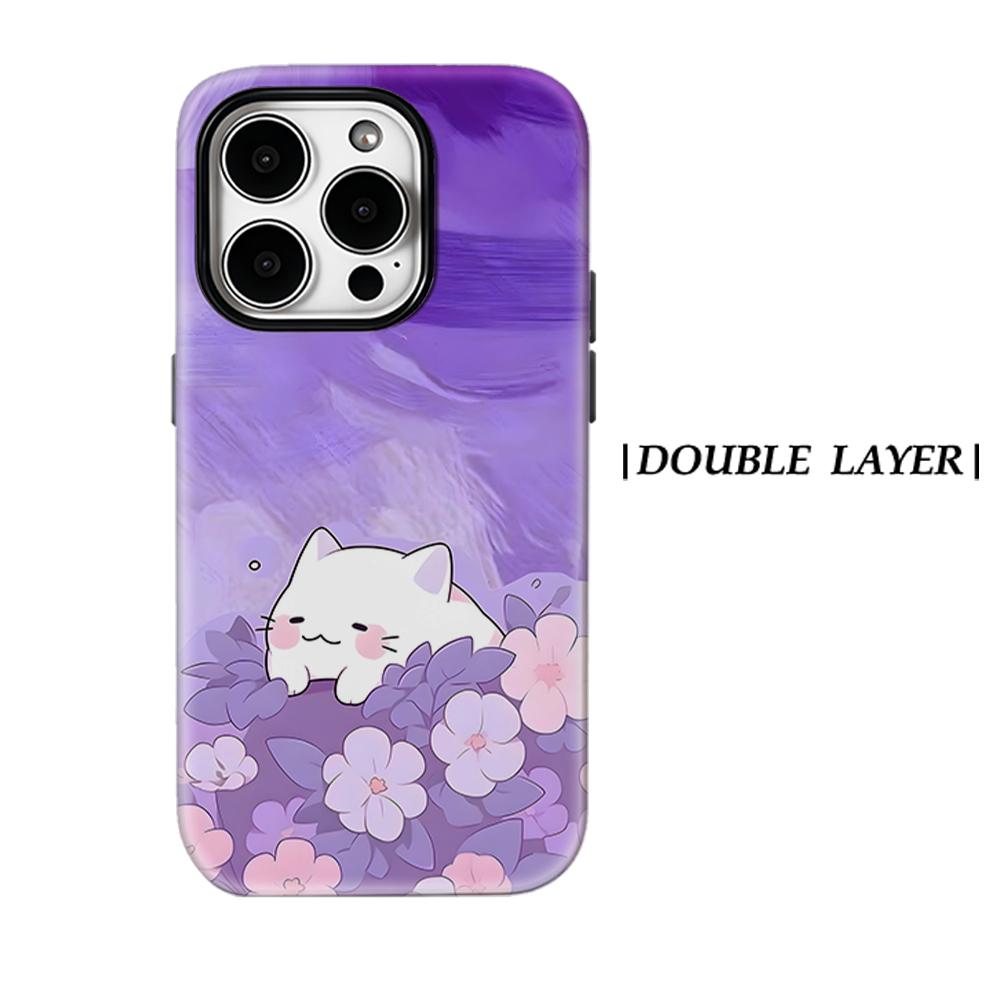 Purple Floral Kitten Phone Case for IPhone 17AIR 16E 16 15 14 13 12 11 17 Pro Max Plus Double-layer Back Cover