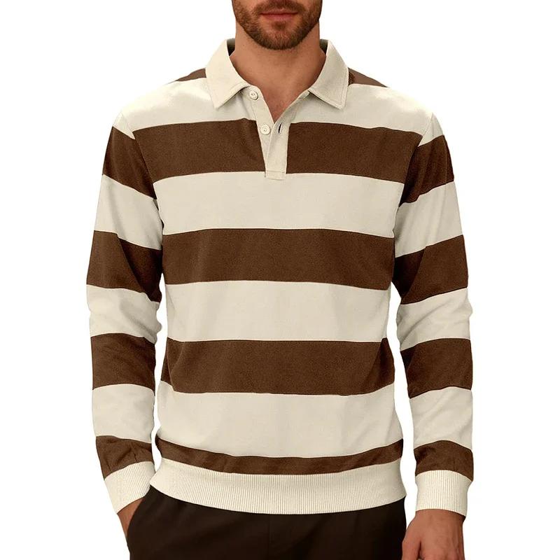 

Men s Business Casual Polos Fashion Striped Long-Sleeve Polo Shirt Lapel Golf Tees Tops L темно-коричневого кольору