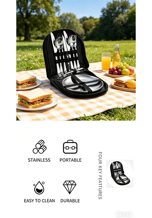 Camping Stainless Steel Set of 10 , Includes Plate, Steak Knife, Fork and Spoon