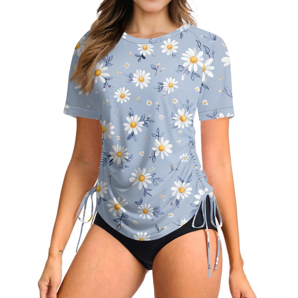 Women's Printingr Short-sleeved Sun Swimsuit Lightweight Adjustable Lace-up Swimsuit