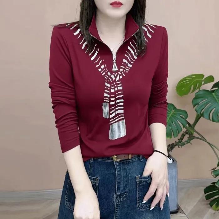 Women's Spring/Fall Elegant Collared Zipper Base Layer Top Loose-Fit Slimming Long-Sleeve T-Shirt