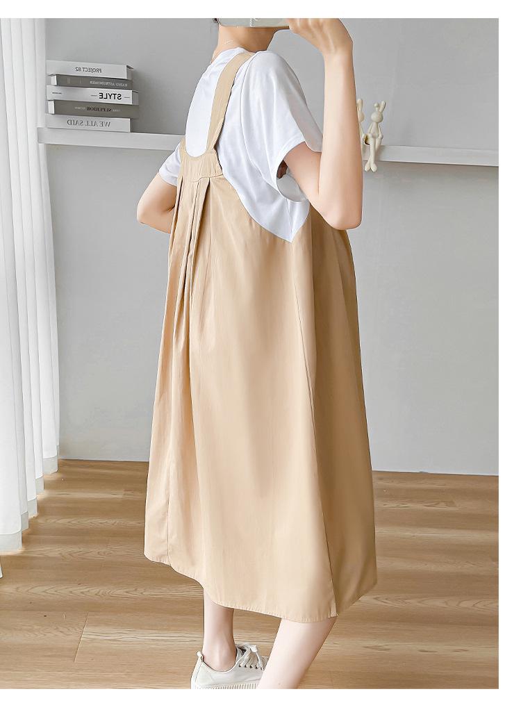 Korean Style Maternity Dress: 2026 Summer Patchwork Skirt, Faux Two-Piece Design