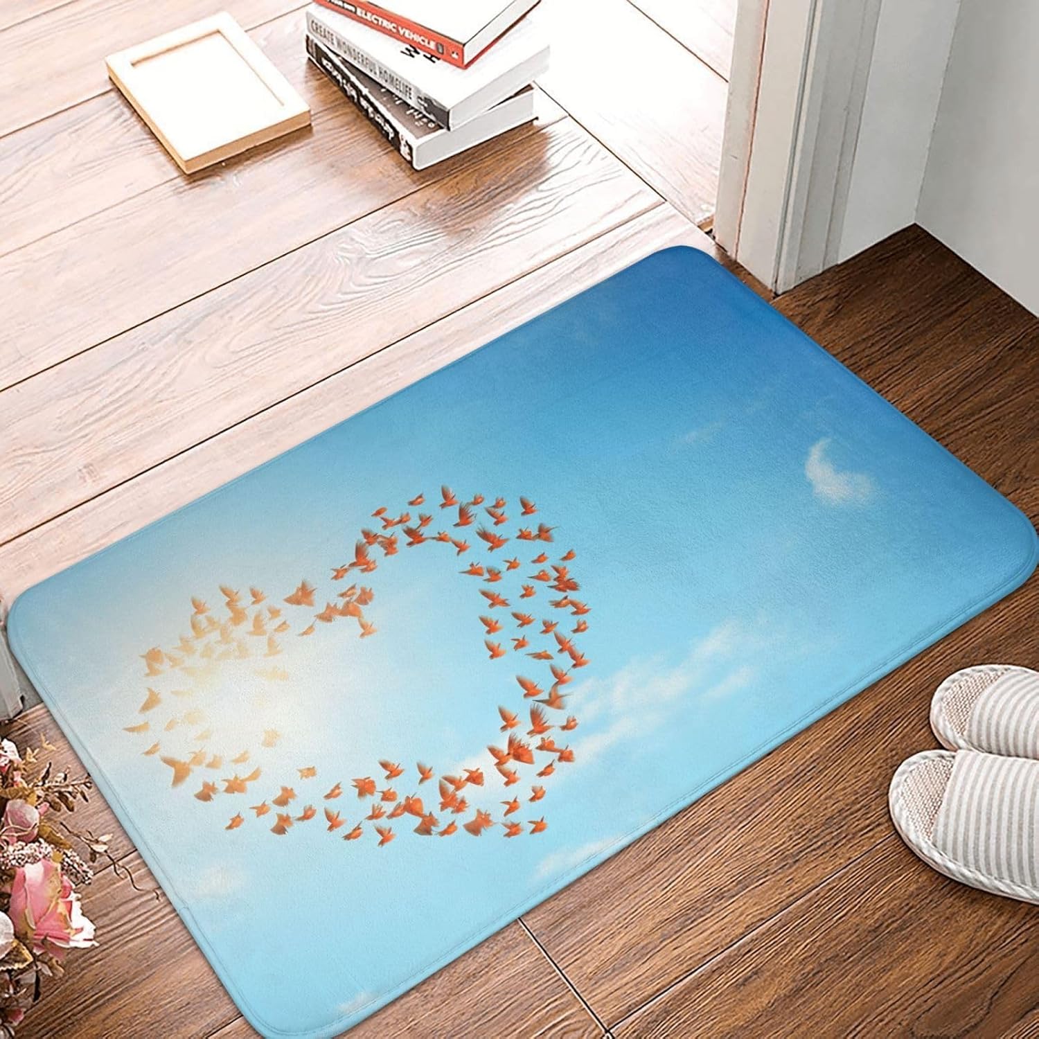 

Bird Love Heart Art Print Front Door Rug for Indoor Outdoor Entrance,Welcome Mat with Flannel Fabric 40x60cm
