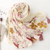 Elegant Beige Floral Tassel Shawl - Cotton Linen Feel Satin Scarf