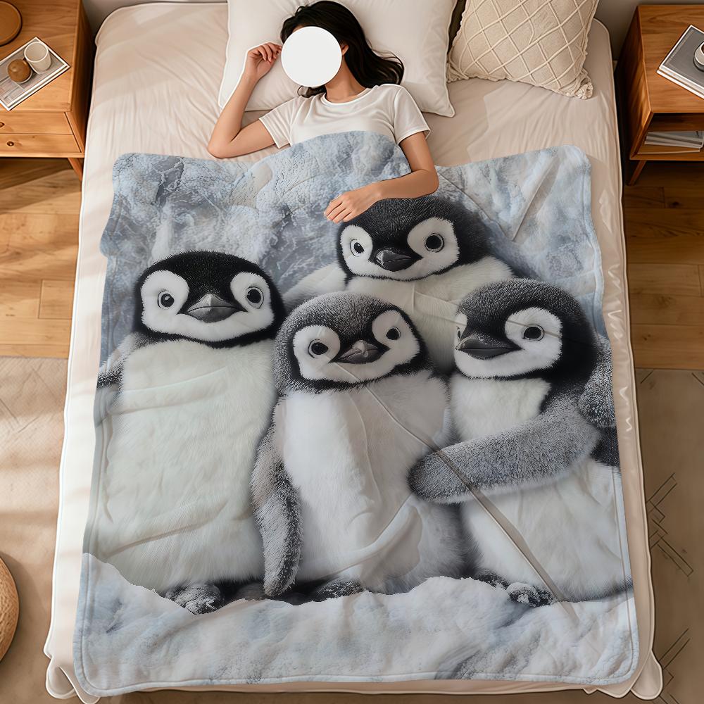 Kawaii Funny Art Penguin Family Soft Warm Plush Blanket for Dormitory Sofa Living Room Pet Hogar Bedroom Gift Nap Home Flannel