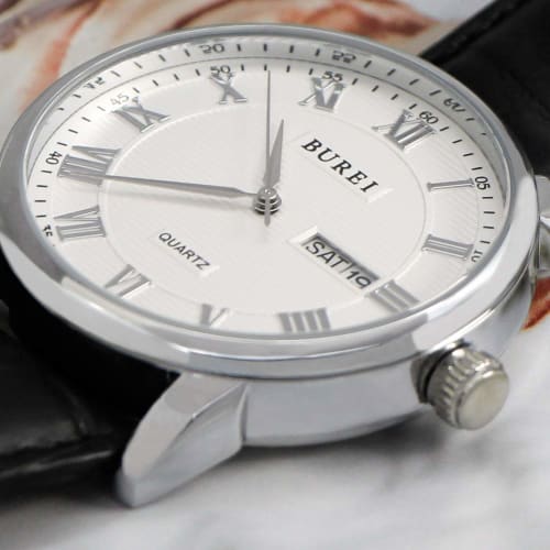 BUREI Men's Leather Watch, Popular Brand, Analog, Roman Numeral, Simple Design, Waterproof, Stylish, Commuter, Business, Silver White