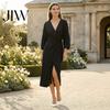 Deep V-Neck Dress Summer Women Dress, Ruffle Slim Waist Midi Long Casual Dresses Sleeves Solid Color Wrap for Daily Wear Party