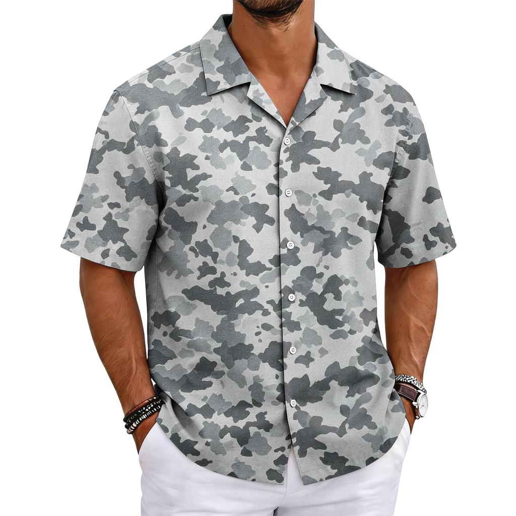 Men's Camouflage Short Sleeve Cuban Collar Shirt Lightweight Breathable Casual Button Down Shirt Summer Beachwear