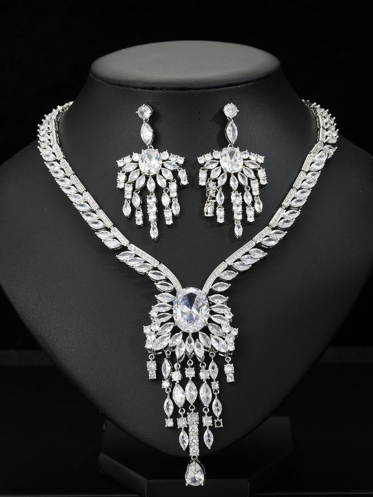 Elegante e moderno Vestido de Noiva de Noite Acessórios Colar de Zircônia Brincos Borlas Zircônia de Alto Nível