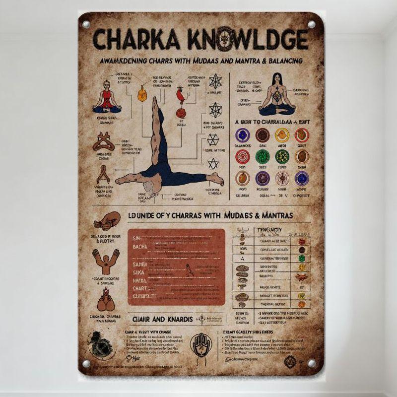 Vintage Chakra Knowledge Metal Tin Sign, Yoga Mudras Mantras Balancing Art Wall Decor, Rustic Old School Aesthetic for Home Offi