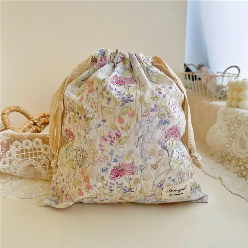 1pcs Forest Style Handmade Floral Cotton Drawstring Bag Vintage Storage Pouch for Underwear Travel Organizer Pouch