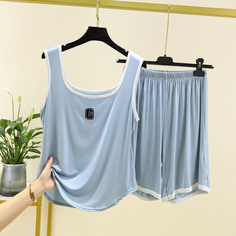 

Modal Thin Pajamas Suit Women s Summer Plus Size Loose Square Collar Vest Shorts Loose Inner Wear Sleeveless Tops Light Blue 2XL (75.00 kg-85.00 kg recommended