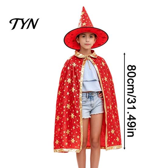Dreamy Gold Edge Witch Costume Kids Wizard Cloak with Hat for Boys Girls, Halloween Kindergarten Activities Cape Prop Party Cosplay