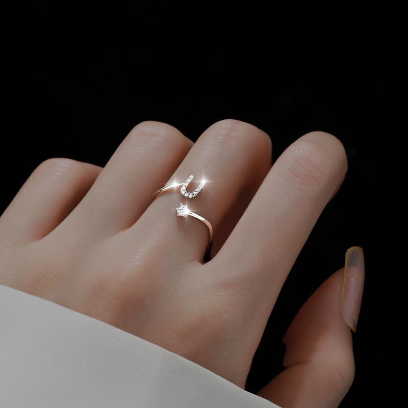 Fashion 925 Silver 26 Letter Ring Sparkling Diamond Zircon Open Ring Index Finger Your Ring Birthday Party Jewelry