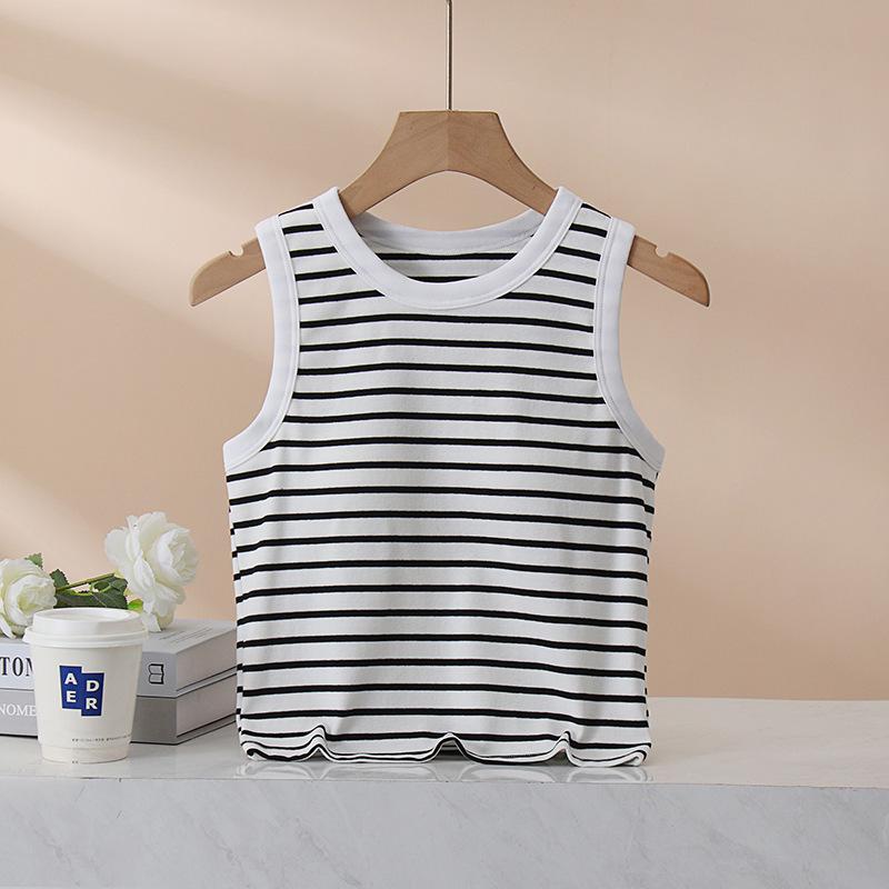 

White Striped Cotton Camisole with Built-in Bra, Wide Straps, and Cropped Design for Women S