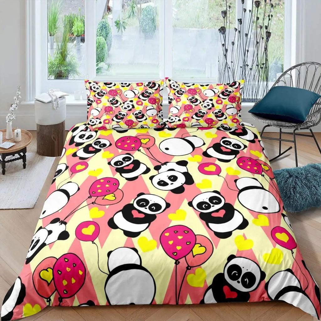 Panda König Komplettes Bettwäscheset Kinder Romantisches Bettwäscheset Cartoon Tier Bettbezug Fahrrad Ballon Libelle Polyester Bettdeckenbezug