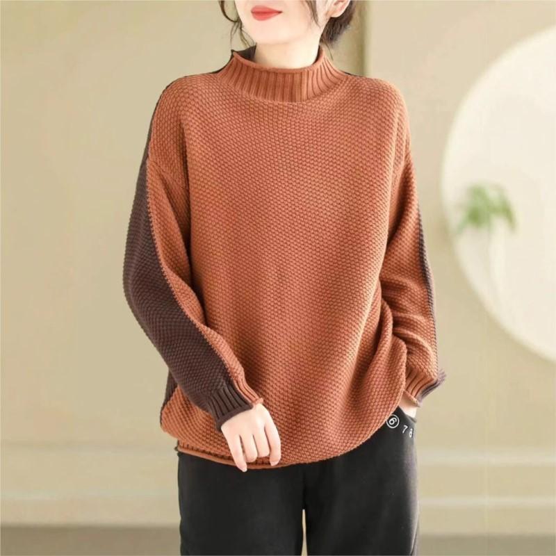 

Johnature Woman Winter Vintage Casual Color Blocking Mock Neck Sweater Fashion Chinese Style Long Sleeves Sweater One Size зелёный