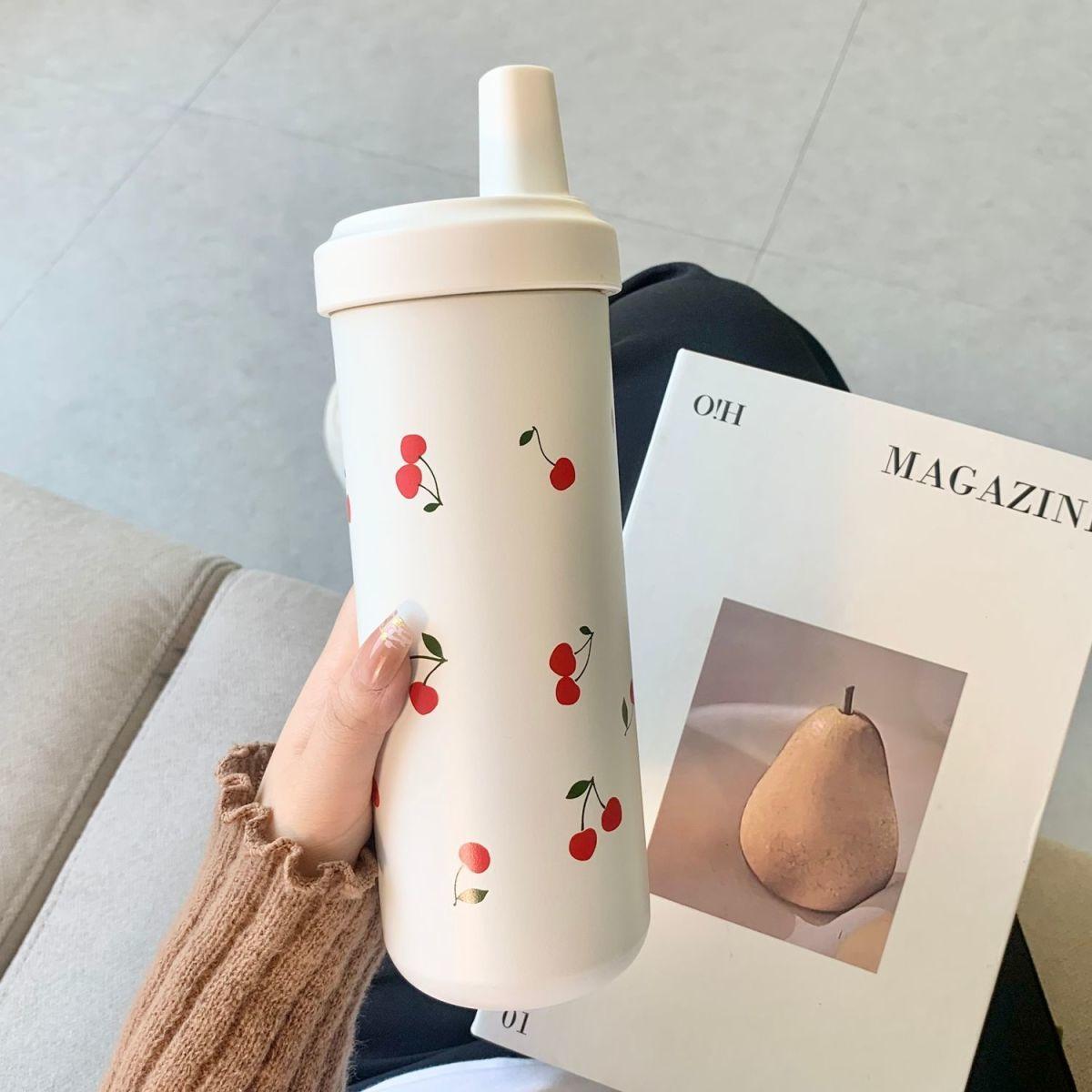 

New Thermos Bottle With Lid Straw Large Capacity Portable Insulated Water Cup For Girls Juice Milk Bubble Tea Ice Coffee Cup 701-800ml вишня