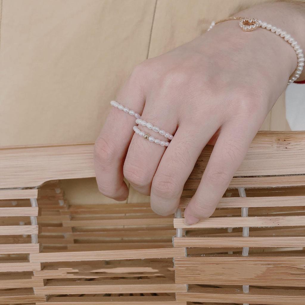 14K Gold Bead & Freshwater Seed Pearl Elastic Ring - Stackable & Versatile Style