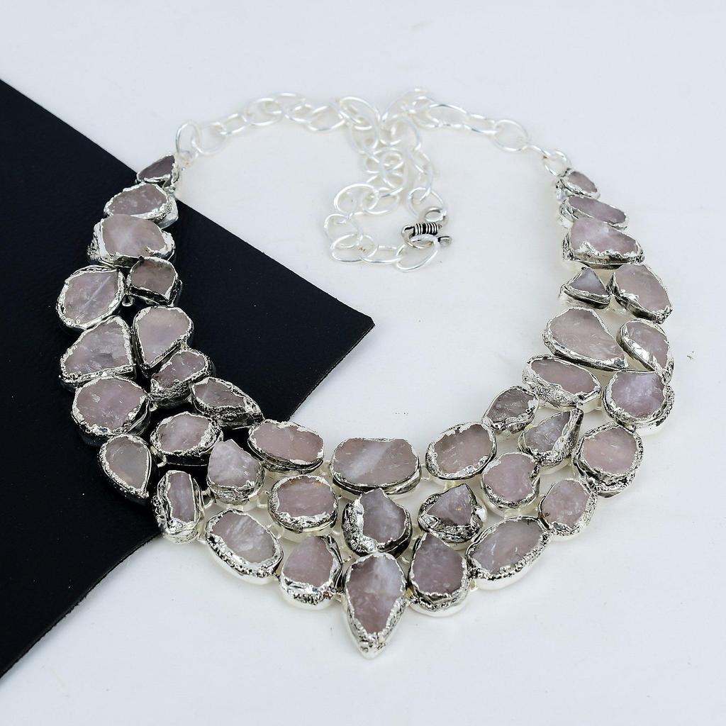 Natural Raw Rose Quartz Gemstone Handmade 925 Sterling Silver Electroform Necklace, Raw Rose Quartz Silver Necklace For Wife, Unisex Necklace Gifts
