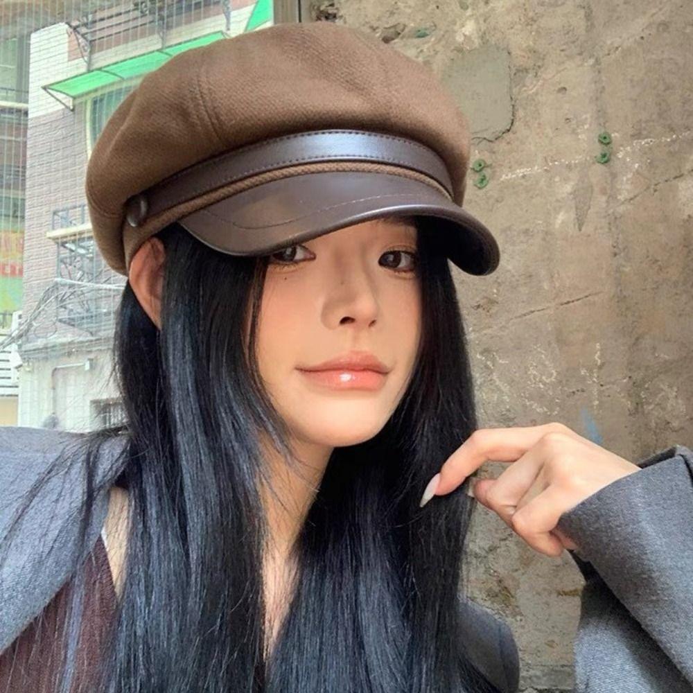 Casual Women's Beret Autumn Winter Painter Hat Fashion Pu Leather Beret  Girl