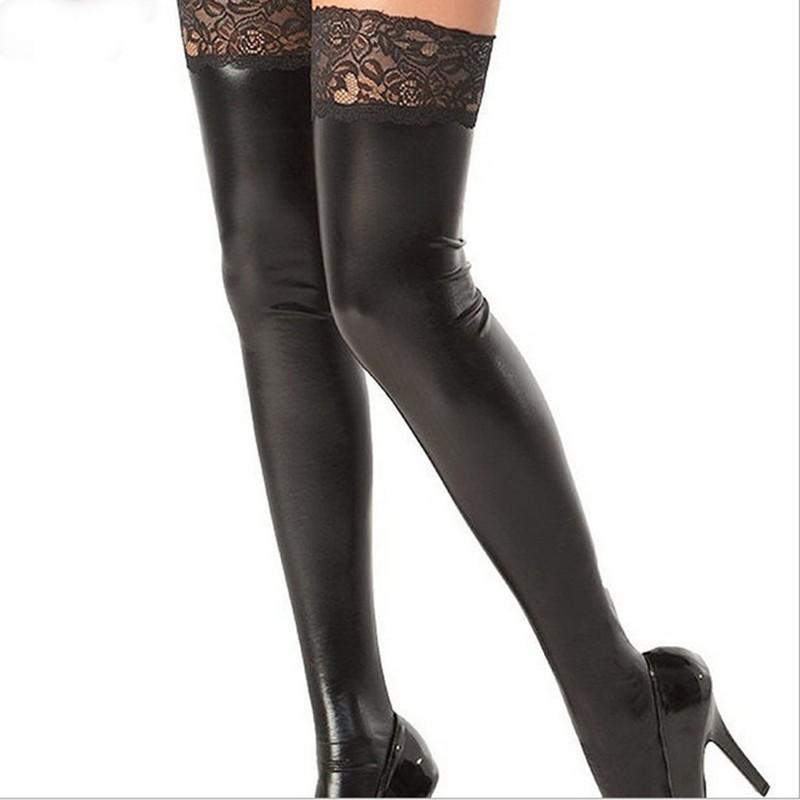 Women Sexy Lingerie Latex Thigh High Stockings PU Leather Wetlook Clubwear Socks