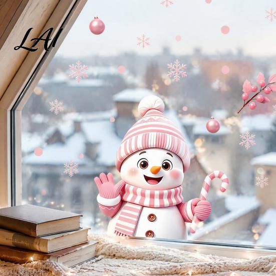 Removable Balcony Glass Film Christmas Snowman Static Stickers Decorative Pink Decals Waterproof PVC Creative Gift for Friends Window Clings