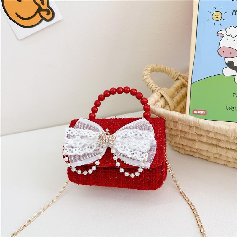 Adorable Girl's Bowknot Coin Purse Charming Pearl Handbag Trendy Chain Shoulder Bag