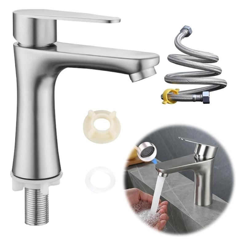 Stainless Steels Cold Water Tap Faucet Single Lever Bathroom Tap with 60cm Hose Kitchen Sink Water Tap Easy to Install