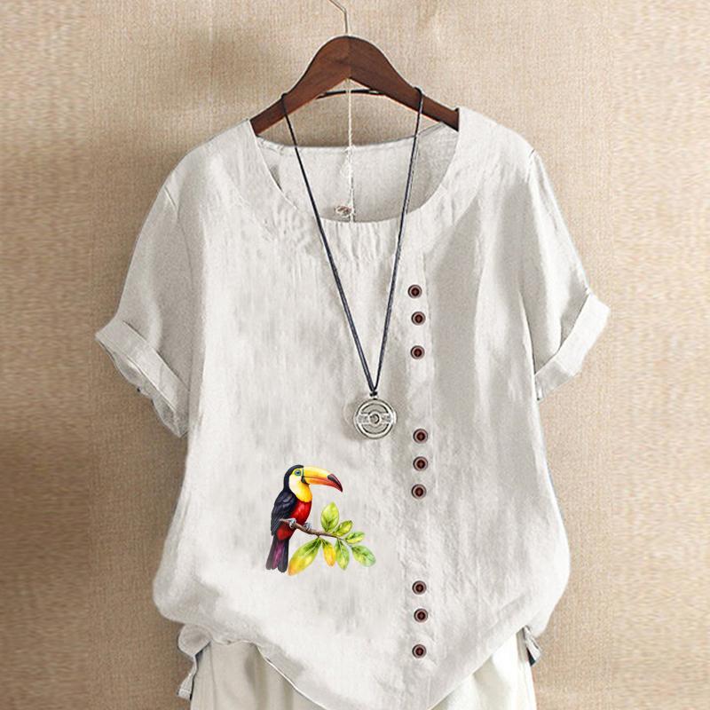 Women's Fashion Round Neck Short Sleeve T-shirt Casual Cotton Linen Pattern Shirt Leisure Loose Bird Prined Summer Blouse Tops