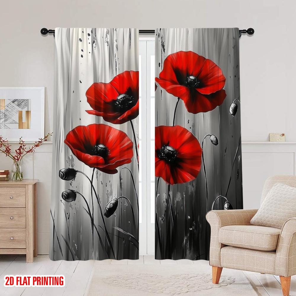 2pcs,2D Plane Printing Popular Curtains Poppy Elegance Versatile Durable Polyester (without Rod) Room Decor for Living Room,