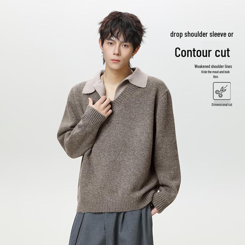 VUUG Men's Vintage Fake Two-Piece Lapel V-Neck Knit Sweater