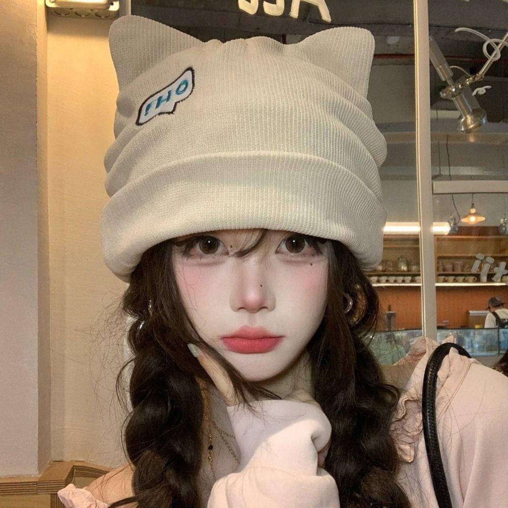 Polyester Cat Ear Beanie Hat Large Head Circumference Fall Winter Skull Cap Casual Use