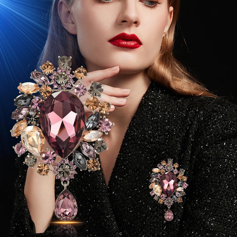 Fashion Retro Luxury Crystal Water Droplet Pendant Brooches For Women Clothing Coat Jewelry Accessries Gifts