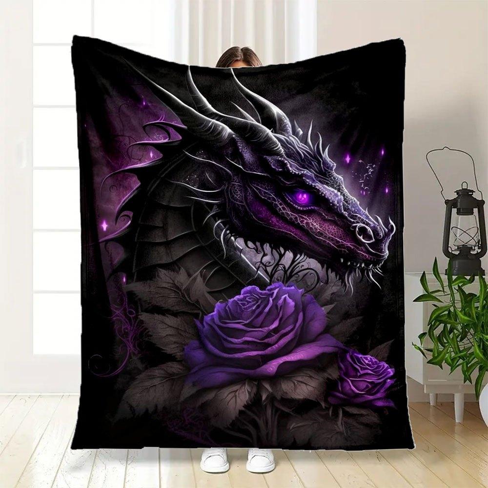 Purple Rose Dragon Wall Art Print PosterBlanket Flannel Throw Blanket for Sofa, Bed, Travel, Camping, Office, Couch, Chair, And Bed Gift for