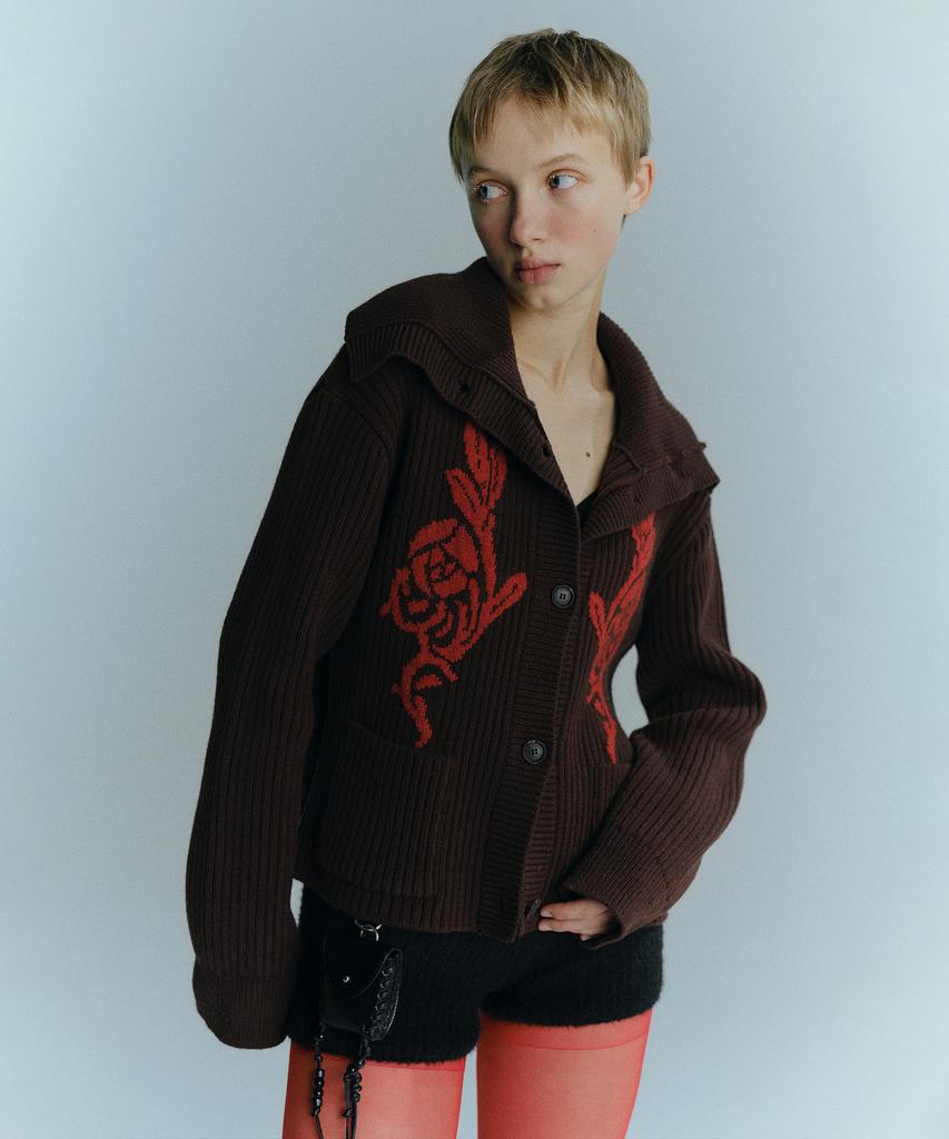 EN OR Marine Collar Jacquard Cardigan - Brown