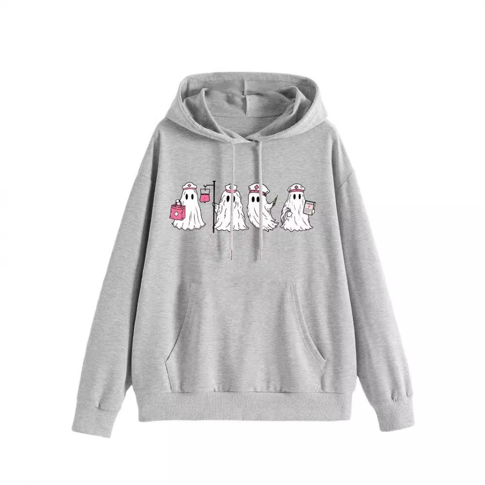 Autumn Winter Hooded Festival Ghost Nurse Syringe Print Casual Trend Long Sleeve Sweater Sweet Fresh Sweatshirt
