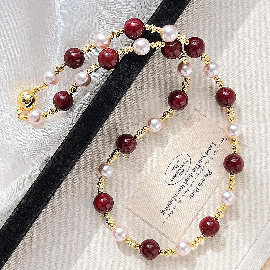 

High Quality Manta Rose Ankara Red Faux Crystal Pearl Necklace Neck Chain Sweater Chain Women