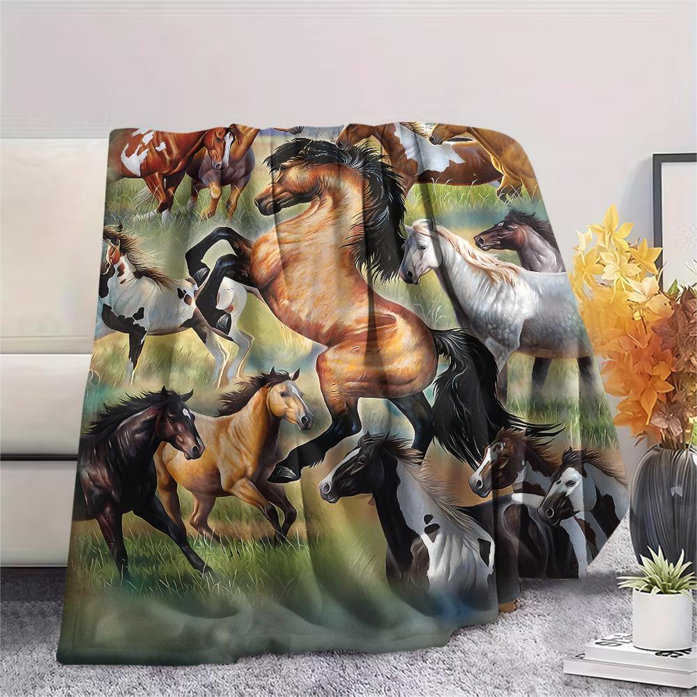 1Pc Horse Print Flannel Blanket, High Quality Comfortable for All Seasons, Home Decor, Warmth and Comfort, Perfect for Christmas Gifts
