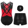 Girls 3-Piece Leotard Set Sleeveless Crisscross Back Rhinestones Color Block with Shorts