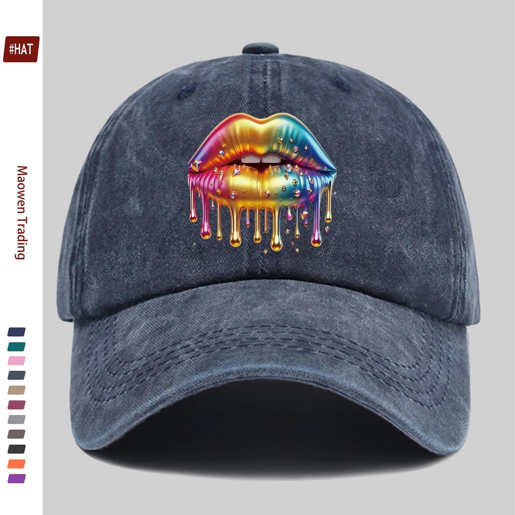 Pc Glossy Rainbow Lip and Sparkling Print Baseball Cap Simple Design Sun Hat Trucker Decorative Hat Adjustable Buckle Strap
