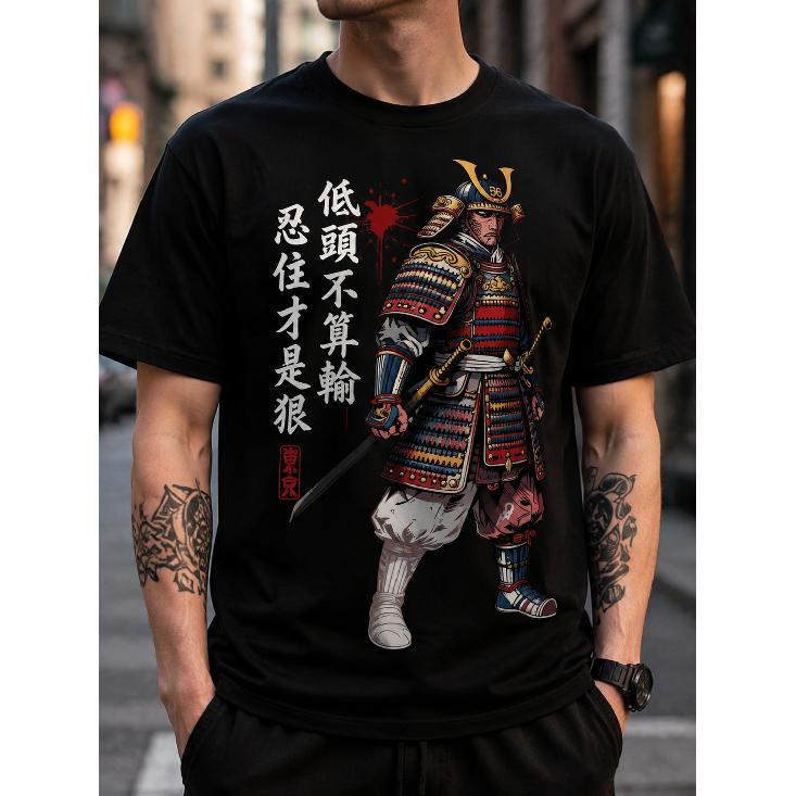 Men s Graphic T-Shirt Japanese Samurai Warrior Print Short Sleeve Crew Neck Casual Streetwear Tee S