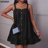 Summer Women Strap Sleeveless Solid Color Lotus Leaf Hem Casual Thin Mini Dress