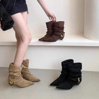 Fashion New Style Woman Ankle Boots Autumn Suede Leather Pleated Women Pointed Toe Western Cowboy Boots Fashion Short Luxury Boots
