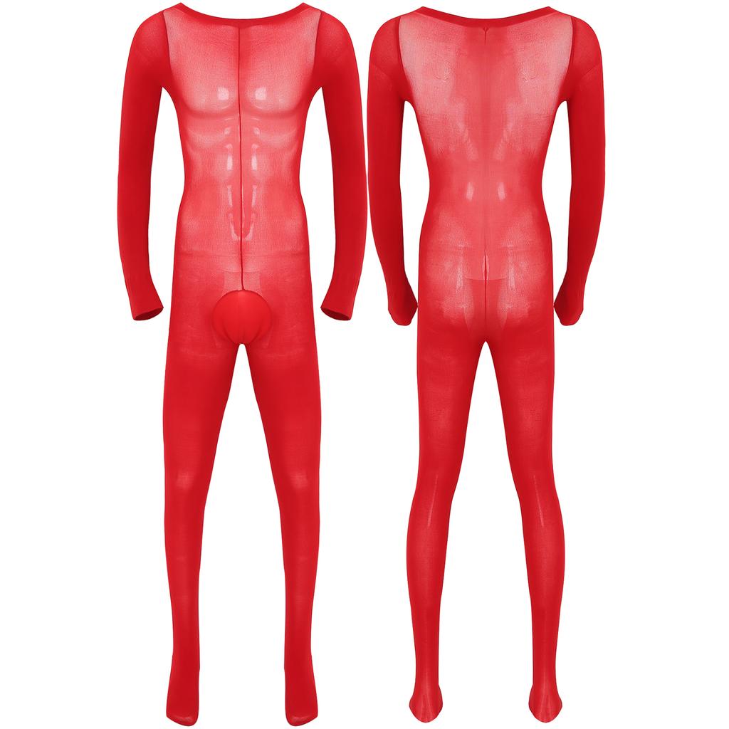Mens Solid Color Bodystocking Long Sleeve Stretchy Bodysuit with Bulge Pouch Nightwear Underwear