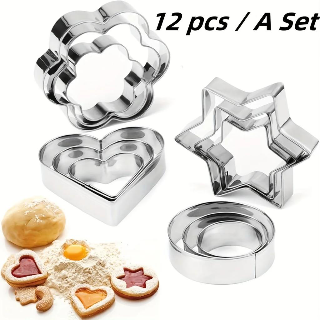 12 st Metallkakformar Set, Kreativ Stjärnkakform, Runda/Hjärta/Blomma Formade Äggformar, Bakverktyg för Inomhus och Utomhus