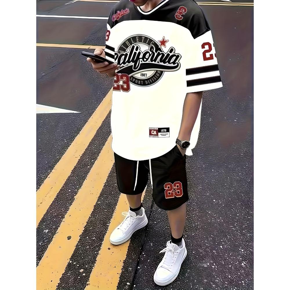 Summer Men's Short-Sleeved Set with 3D Trendy Letter Print for Casual and Street Style Comfortable and Soft